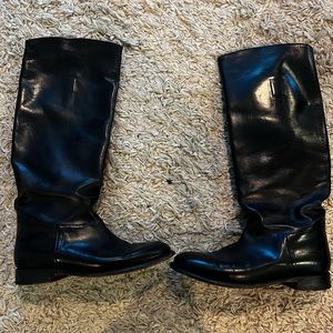 Frye black leather pull on knee boots